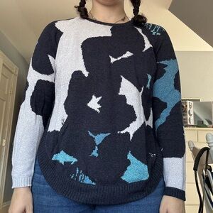 NIC+ZOE Floral Pattern Sweater - Black, White, Teal
